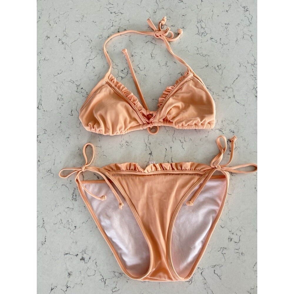 Vintage Y2K Victoria’s Secret Peach Ruffle Coquette Bikini Set Tie M